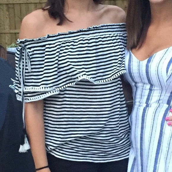 Loft Off the Shoulder Striped Short Sleeve Shirt - Picture 4 of 4